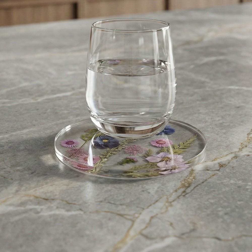Round Floral Print Coasters Transparent Cup Mat Durable Insulation Pad  Tea Table