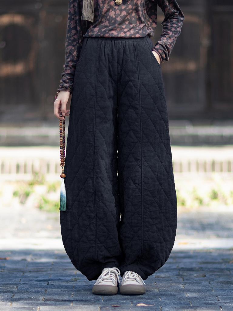 Johnature Женские винтажные панталоны Зимние брюки с эластичной талией Однотонные брюки Теплые свободные брюки