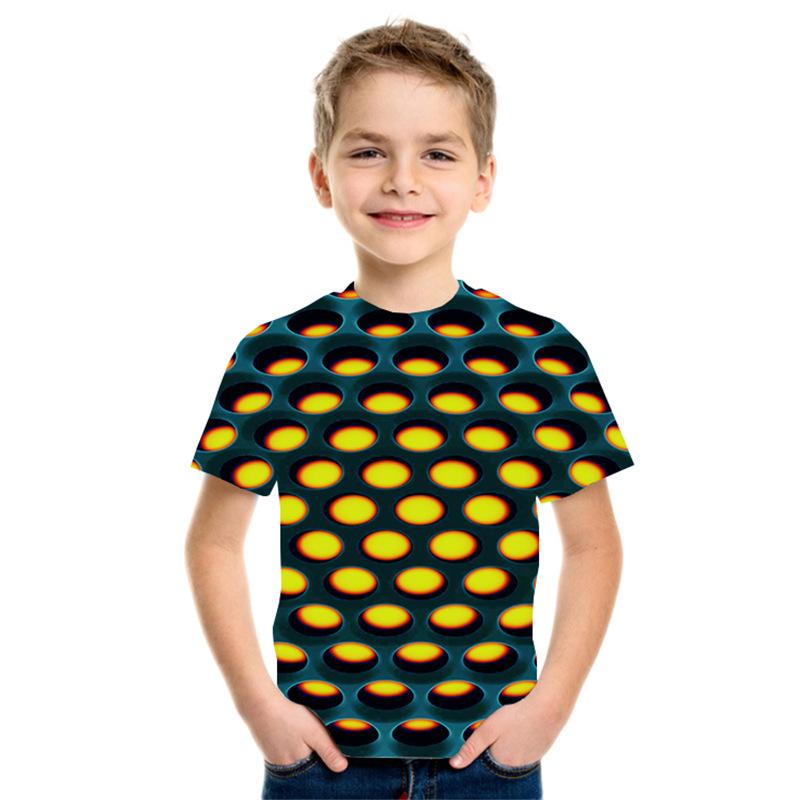 Summer Round Neck 3D Geometric Pattern Printed Top Fashionable Casual Short Sleeved Children's Boy T-shirts