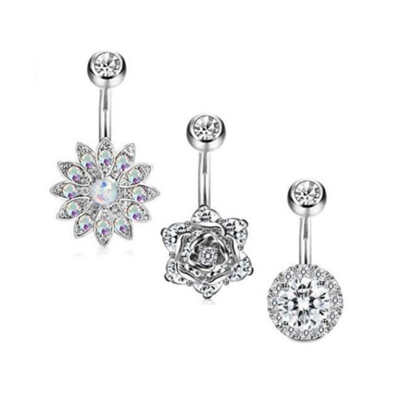 3шт женщин горный хрусталь цветок кольца живота набор пирсинг пупка