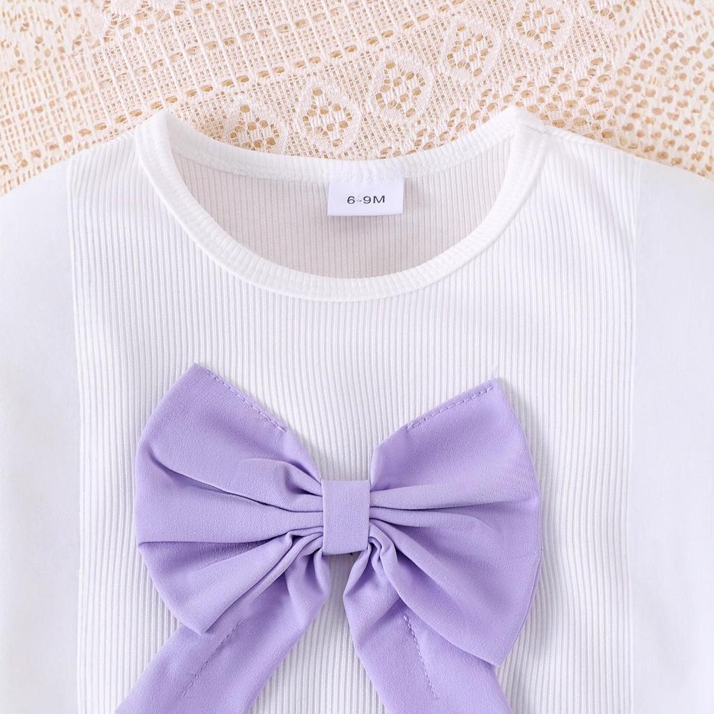 Модный и милый комплект для девочек 2025 года, летний детский комплект с короткими рукавами, бантом, пышными рукавами и плиссированной юбкой с высокой талией