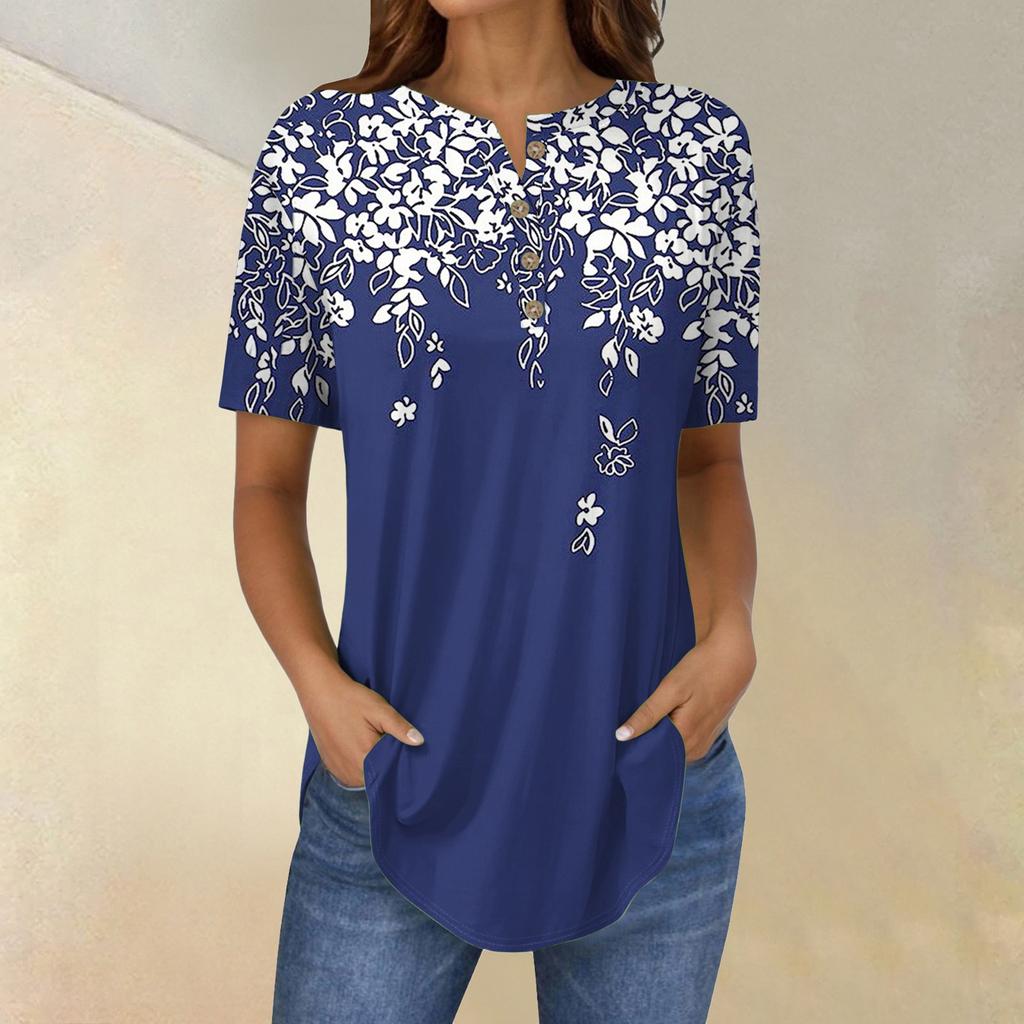 Short Sleeve Womens Tops Summer T-Shirts Floral Print V Neck Casual Basic Tee Button Shirts Tunic Tops