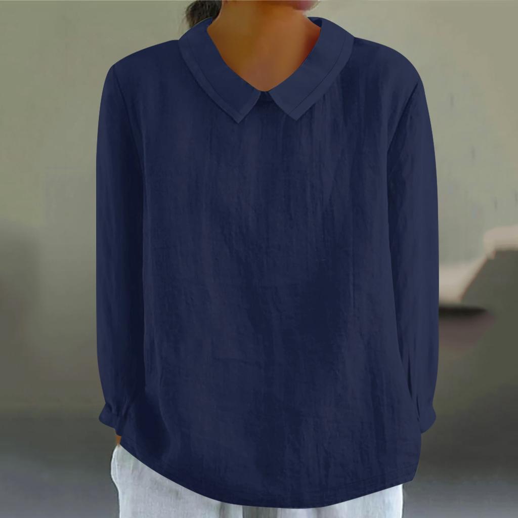 Women's Fashion Doll Collar Long Sleeve Loose Solid Color Shirt Casual Button Top