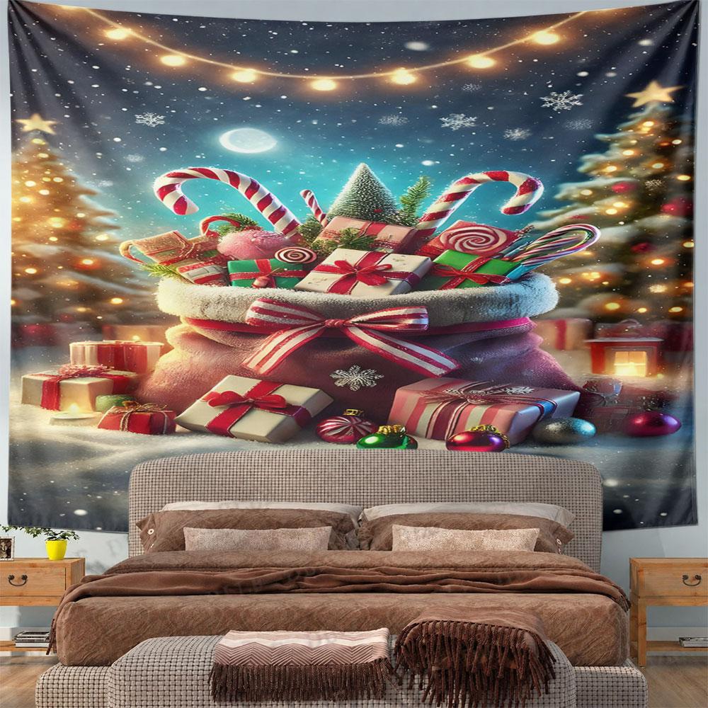 "Christmas Gift Bag with Candy Canes" Pattern Wall Hanging Tapestry Decorative Tapestry Home Decor for Bedroom and Living Room