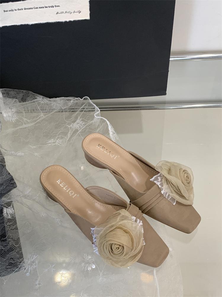 Модные шлепанцы женские летние туфли с цветком квадратный каблук закрытый носок шлепанцы блочный ретро цветочный квадратный каблук обувь женские шлепанцы уличные ков