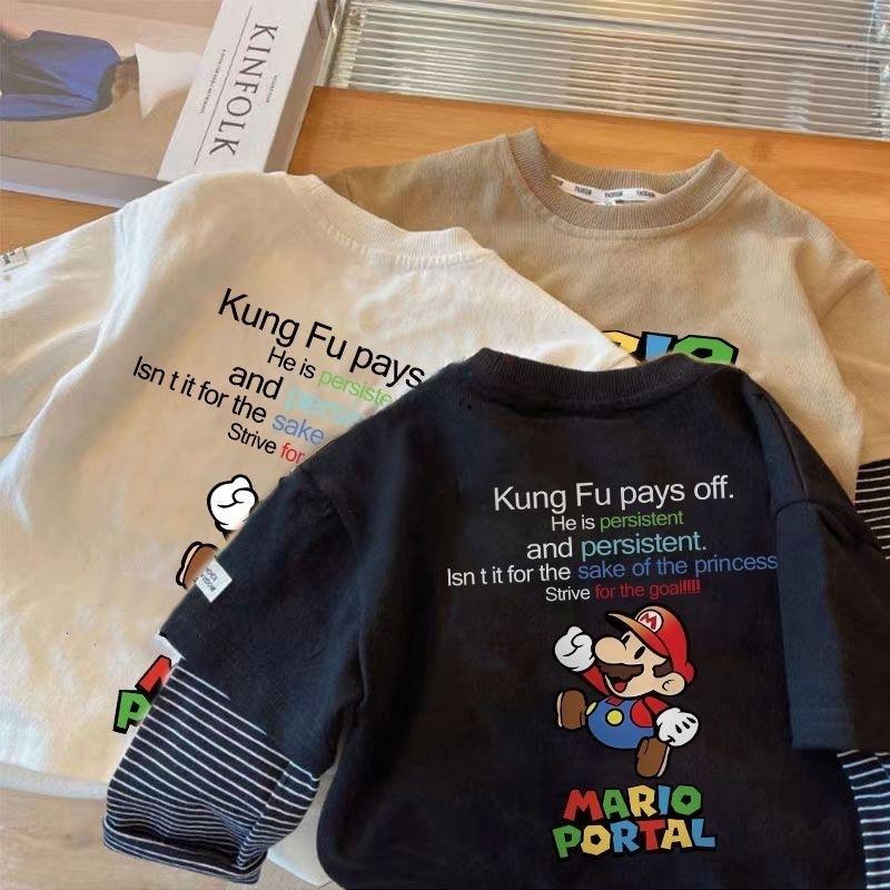 Boys Cotton Fake Two Piece Long Sleeve T Shirt Cartoon Top Spring Autumn Base Layer For Kids Toddlers