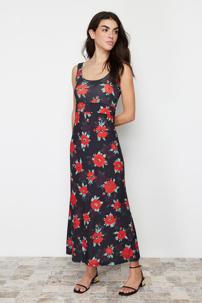 Women's Style Dress Black Straight Strap Skater Flexible Knitted Dress with Waist Opening