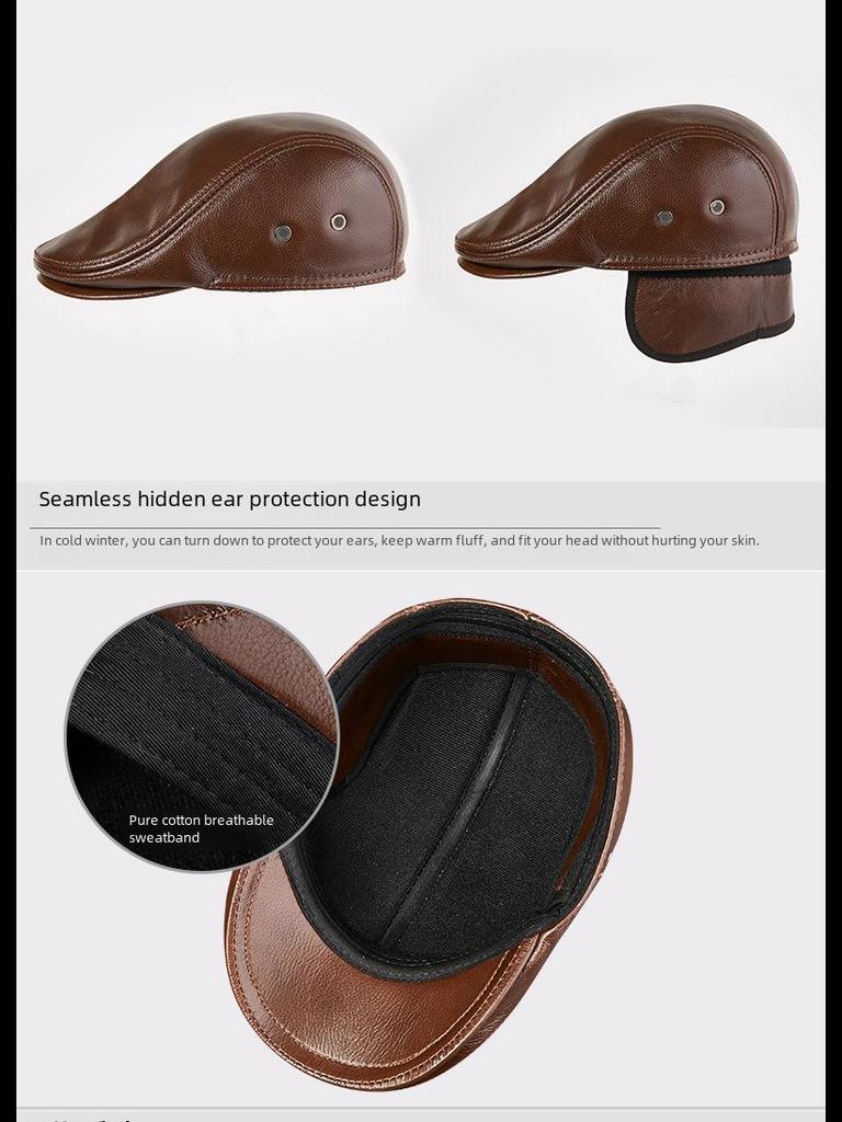 Men's Genuine Leather Duckbill Hat – Stylish, Warm, Thickened Cowhide Beret for Middle-Aged and Elderly (Autumn/Winter)