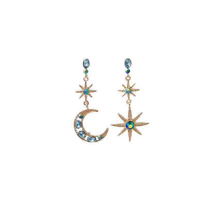 Silver Needle Retro Palace Blue Crystal Star and Moon Earrings - Sparkling High-End Aesthetic Jewelry for Women