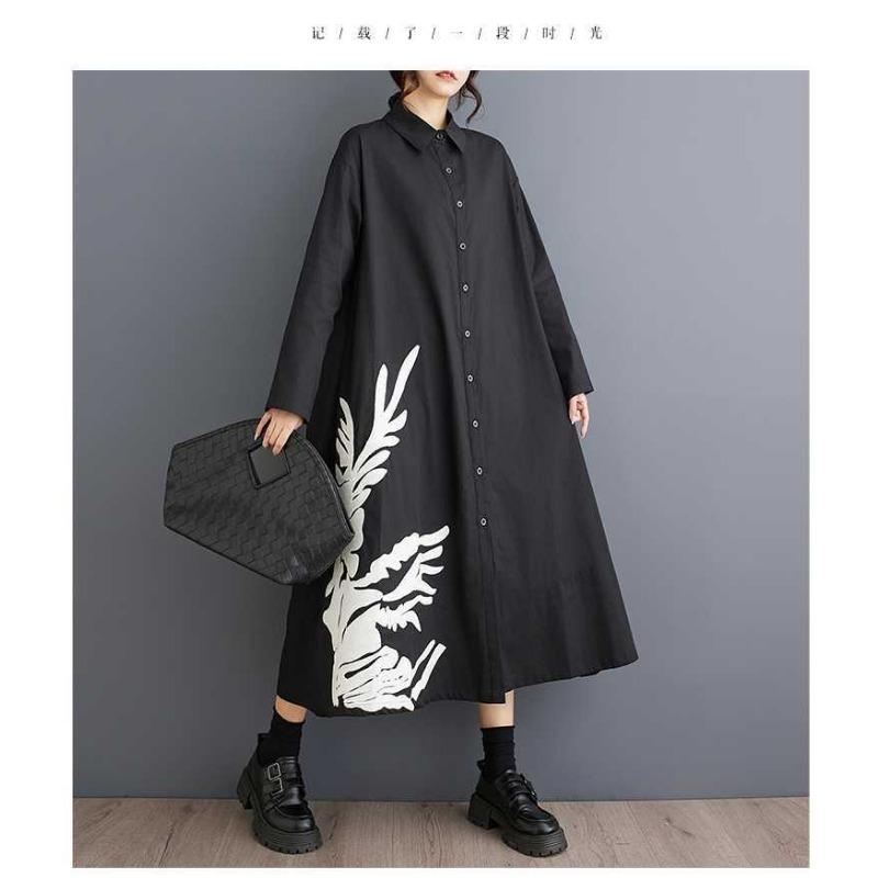 Loose Large Size Splicing Casual Simple Printed Sweet Long Sleeve Shirt Dresses