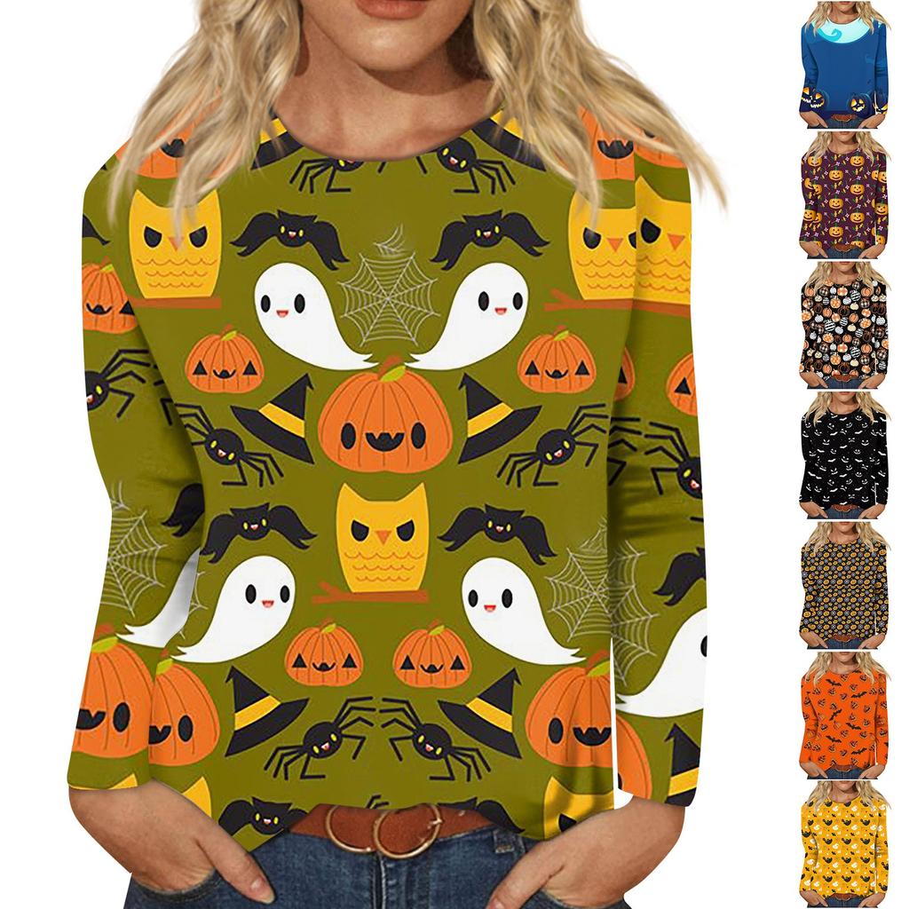Women's Fashion Casual Long Sleeve Striped Halloween Printed Round Neck Top