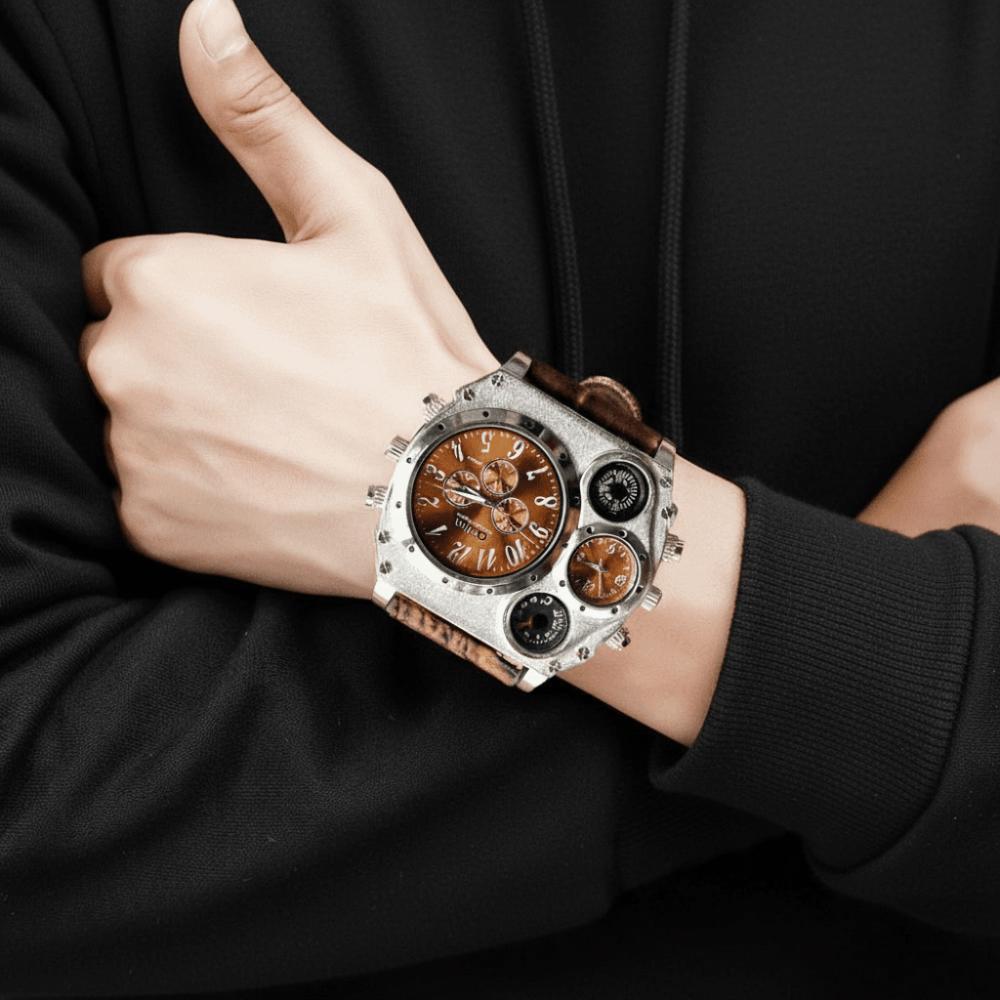 PU Leather Strap Big Face Watches Leather Strap Quartz Watch Luxury Dual Time Zone Watch Men
