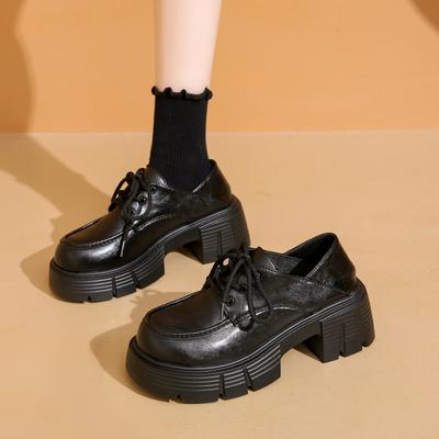 Женские весенне-осенние новые ретро одинарные туфли на шнуровке, женские туфли на толстой подошве-маффин в британском стиле, маленькие кожаные туфли для женщин
