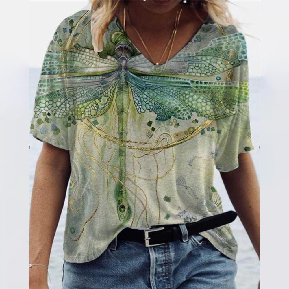 Женские футболки, летние топы с градиентной графикой, модная женская винтажная одежда с v-образным вырезом, футболки с цветочным принтом, свободные футболки большого размера