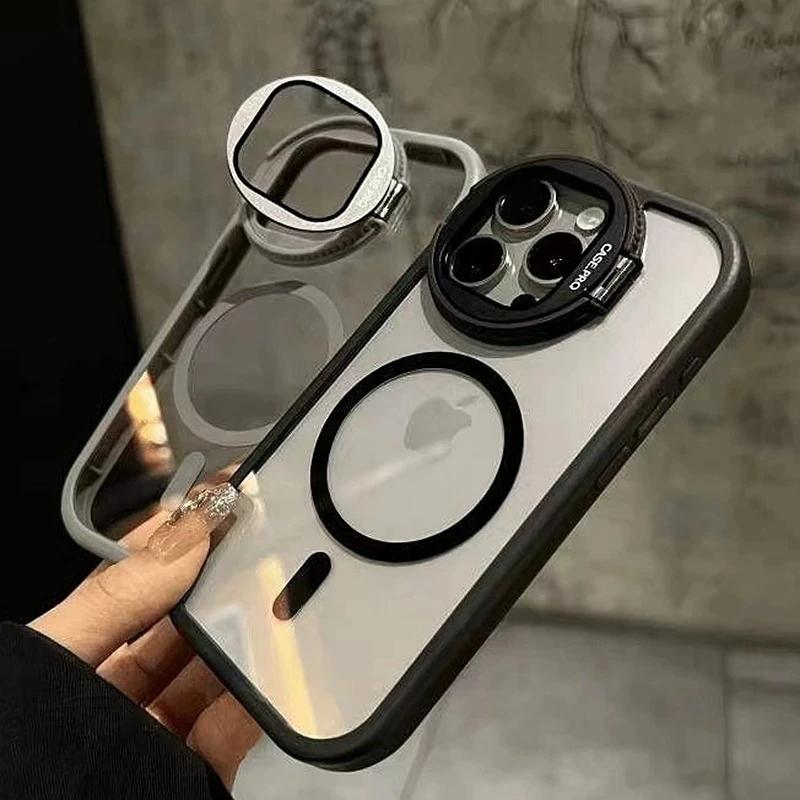 Luxury Magsafe Transparent Phone Case For iPhone 15 12 13 14 11 16 Pro Max Plus Magnetic Kickstand Stand Shockproof Back Cover