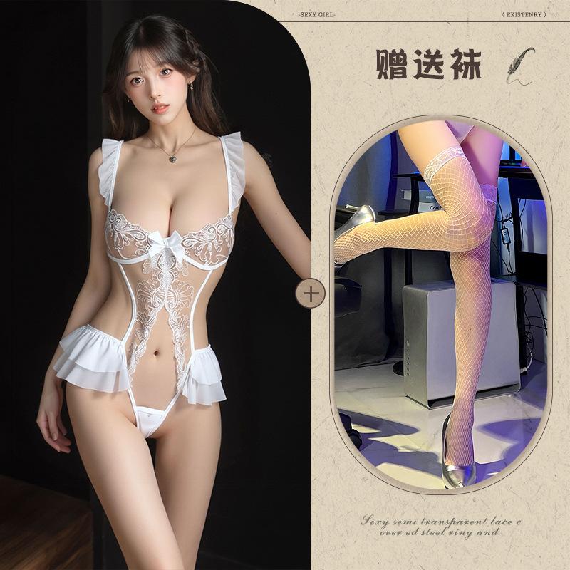 Sexy Lingerie, Sexy Lace Embroidered Onesie, Women's Hollow Open Gear, Hot Breasts Gather