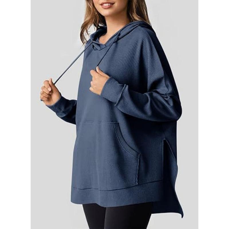 Осенне-зимняя женская толстовка с капюшоном больших размеров с вафельным узором и боковыми разрезами, свитшот с карманом, длинный рукав, пуловер