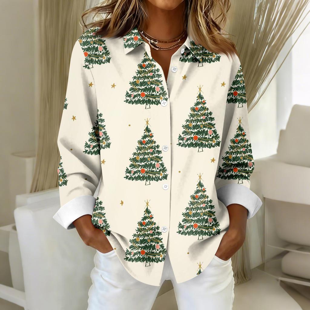 Women's Shirt Blouse Christmas Print Button Long Sleeve Casual Basic Shirt Collar Regular Top