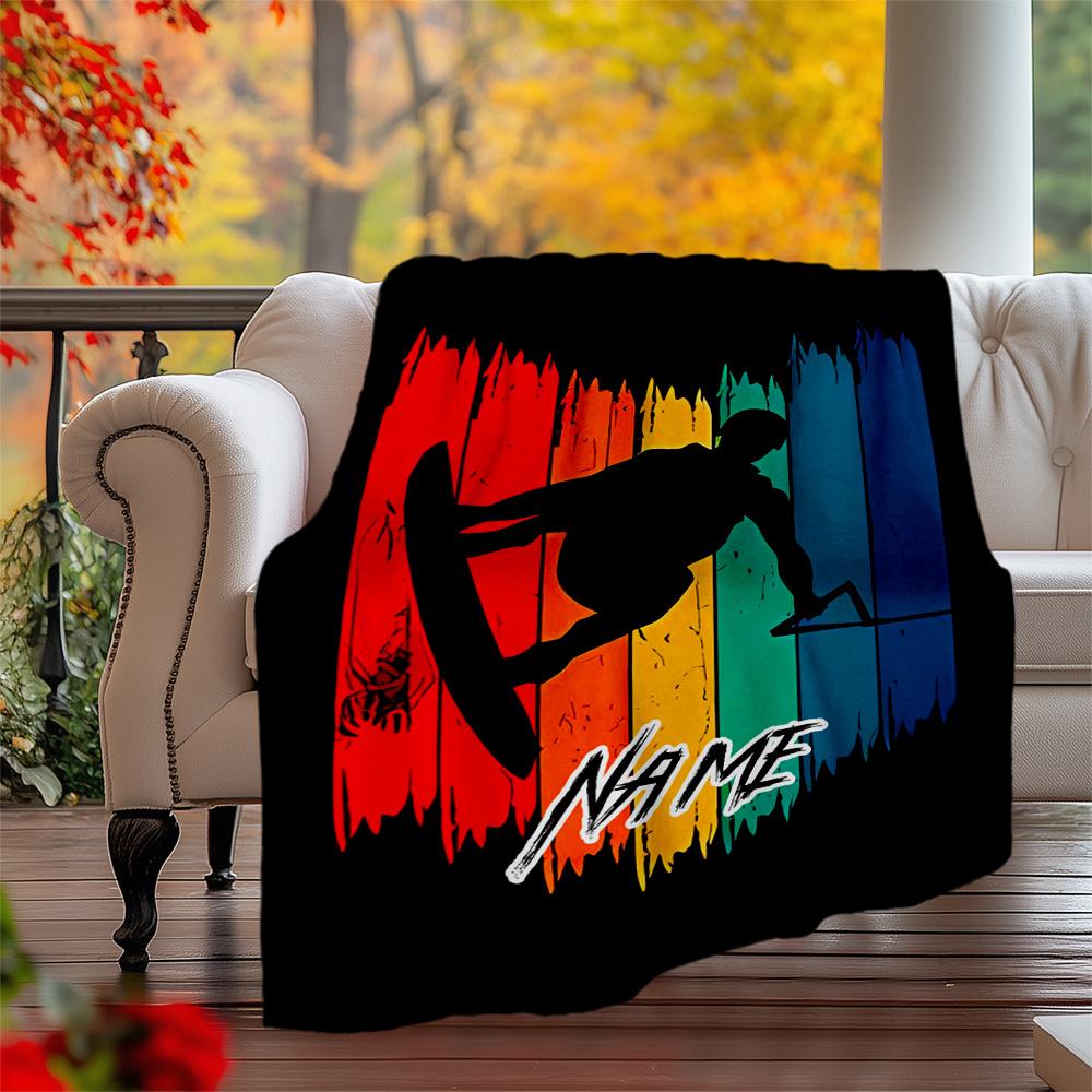 Snowboarding Adventure Rainbow Colors Design Customizable Outdoor Blanket Customize Text Comfortable Versatile For Picnics Outdoor Travel And Camping