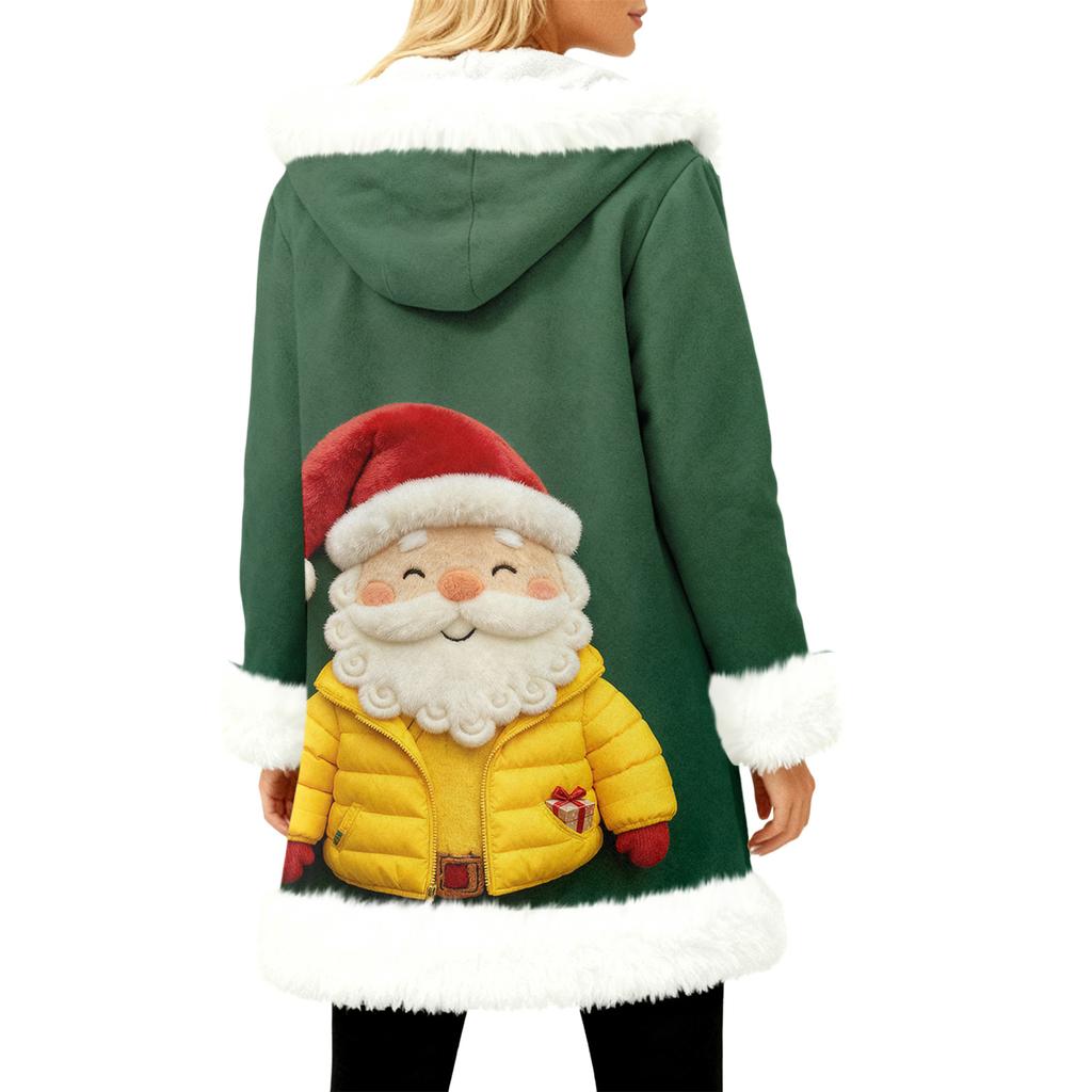Unisex Casual And Fashionable Plush Collar Hooded Long Sleeved Christmas Printing Jacket