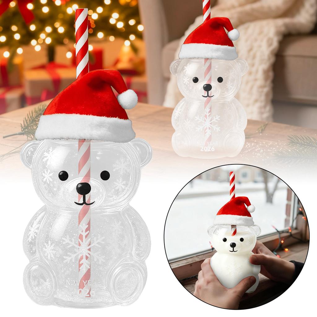 Кружка с соломинкой из стекла в форме медведя: Милый прозрачный дизайн, зеленая шляпа, стакан для воды