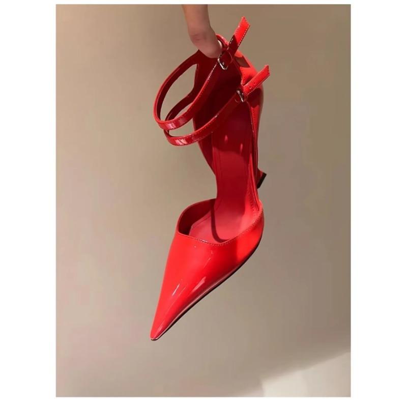 Red Pointed Sandals with Wedge Heeled Women's 2026 Summer New Leather High Heeled Shoes Elegant Shoes for Women 2026