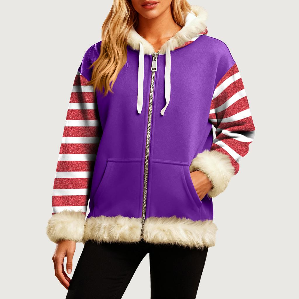 Женская Удобная Свободная Модная Повседневная Толстовка-Куртка с Длинным Рукавом, Карманами и Капюшоном с Полосатым Принтом