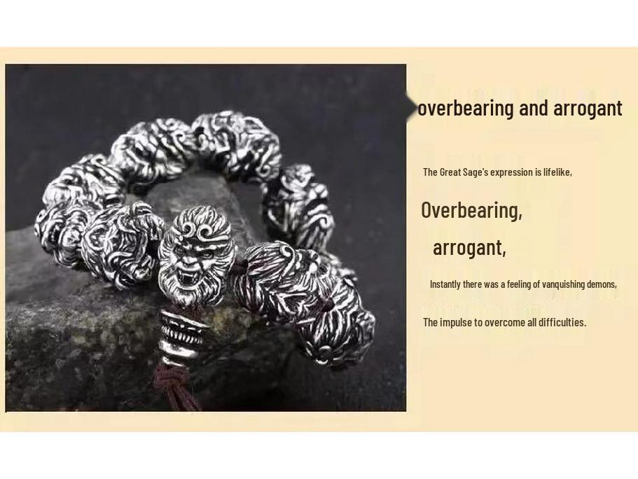Black Myth Wukong Men's Retro Monkey Head Bracelet - Imitation Thai Silver Beaded Jewelry