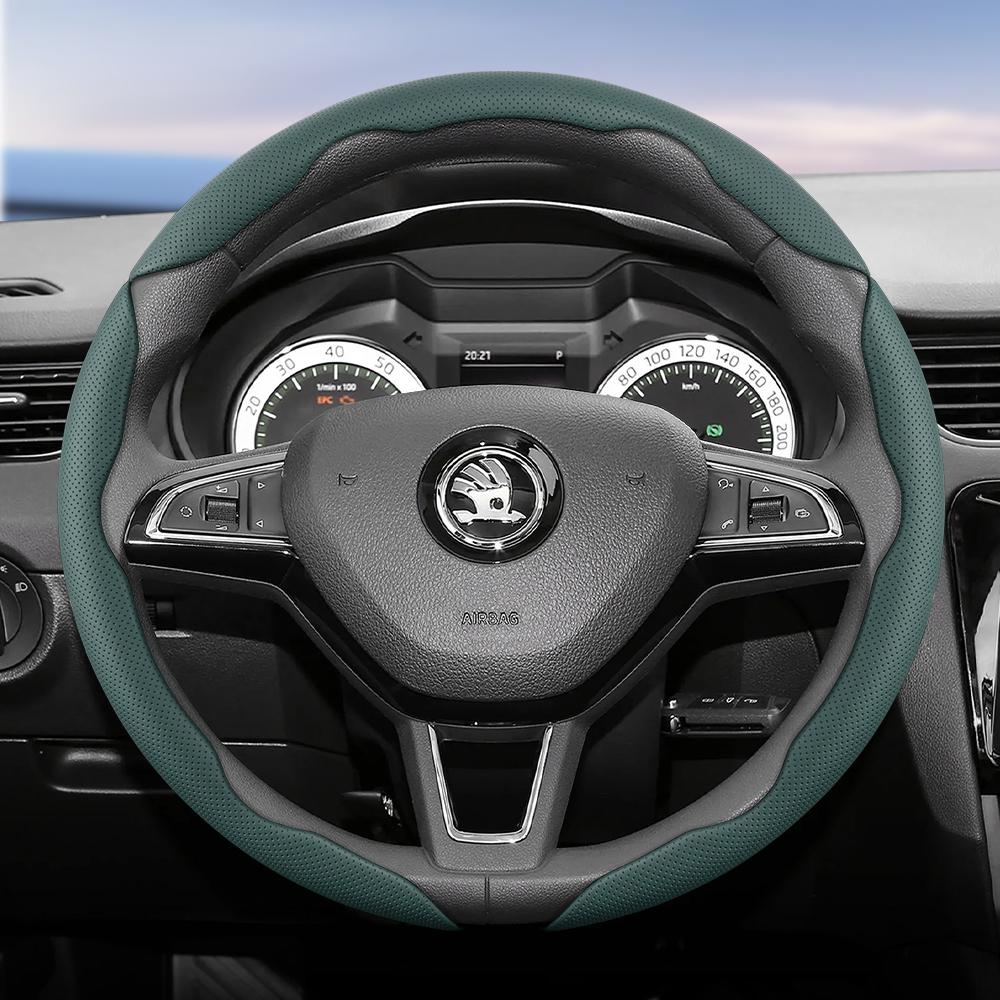WFM1 Подходит для Skoda Дышащий кожаный чехол на руль с сегментированным дизайном и быстрой фиксацией, нескользящий и прочный, Octavia Rapid Kodiaq