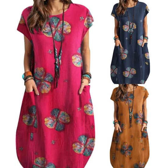 Женское летнее платье с круглым вырезом и короткими рукавами, ретро-принт с карманами, свободное тонкое платье, повседневная повседневная одежда