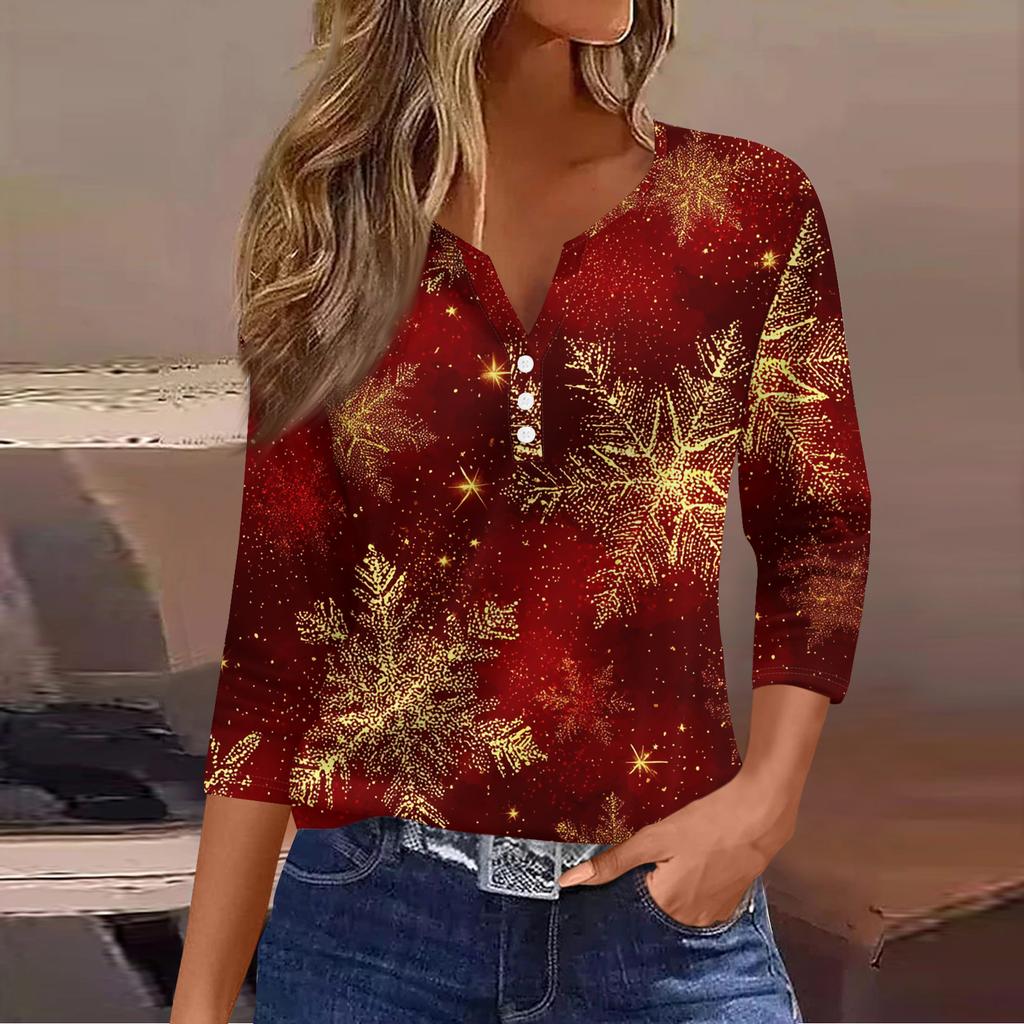 Women's Fashion Casual Christmas Tree Print V-Neck Decorative Button Three-Quarter Sleeve T-Shirt Top