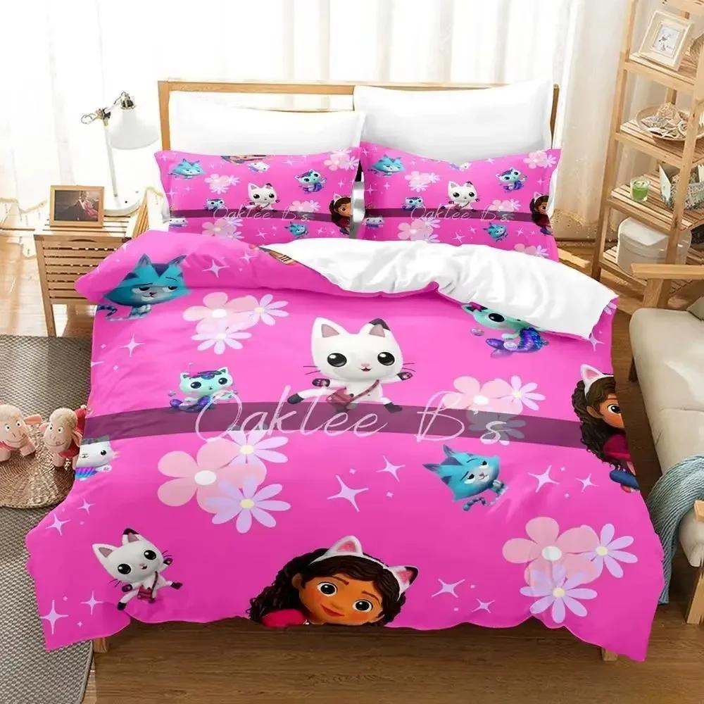 3D Gabbys Dollhouse Bedding Sets Cartoon Comforter Duvet Cover Set 3Pcs Bedroom Decor for Kids Single/Twin/Full/Queen/King Size