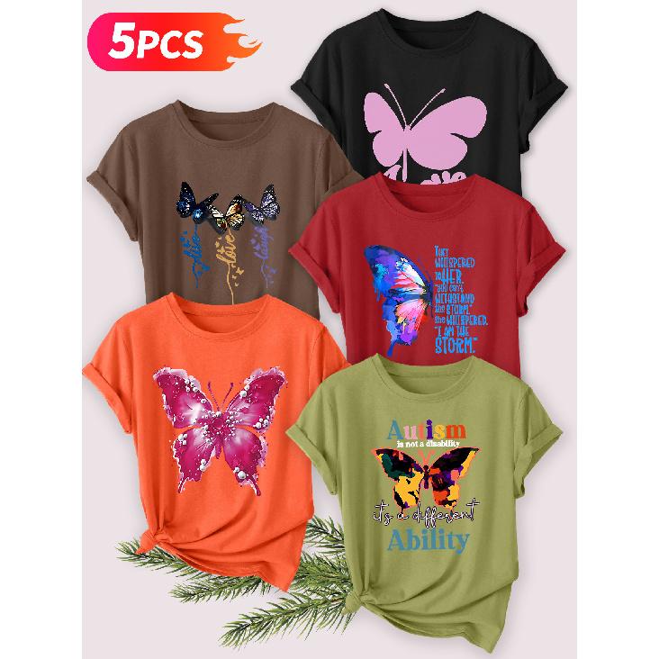 Five-piece set Elegant short-sleeved shirt for women Inspirational Butterfly Print Round Neck Women's Casual Sportswear T Shirt Suitable for spring