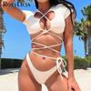 Wrap Around Short Sleeve Brazilian Bikini Women Swimwear Female Swimsuit Two-pieces Bikini Set Bather Bathing Suit Swim