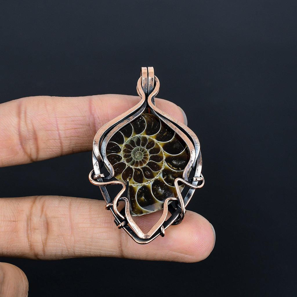 Ammonite Fossil 999 Copper Wire Wrapped Pendant, Handmade Gemstone Jewelry Pendant For Memorial Day