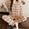 American retro style cardigan pajamas women's spring new long-sleeved trousers spliced plaid loungewear can be worn outside