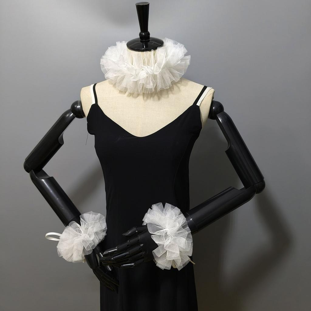 Elizabethan Mesh Neck Ruff Detachable Ruffle Collar and Wrist Cuffs for Medieval Costume and Historical Reenactments