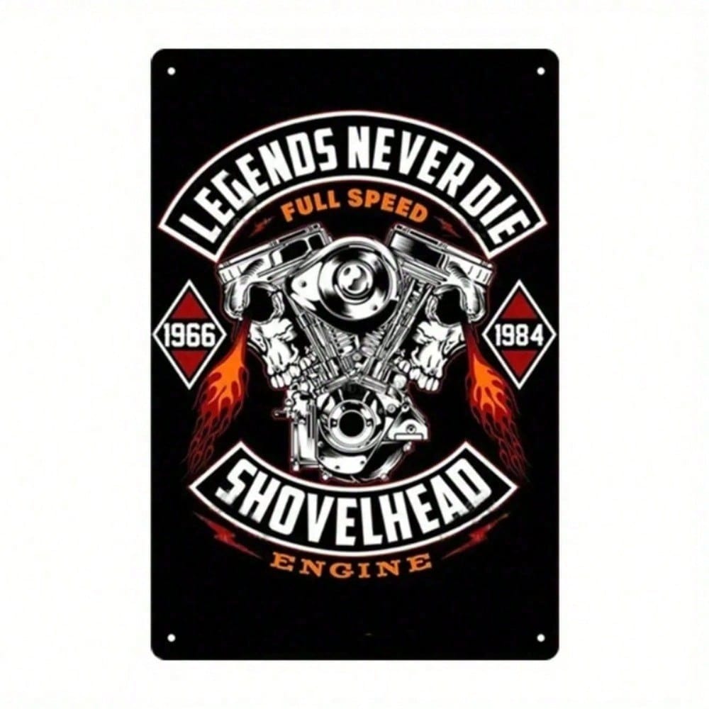 Shovelhead Legendz 1965 Металлическое настенное искусство Красное пламя Декор гаража Легенды никогда не умирают Табличка