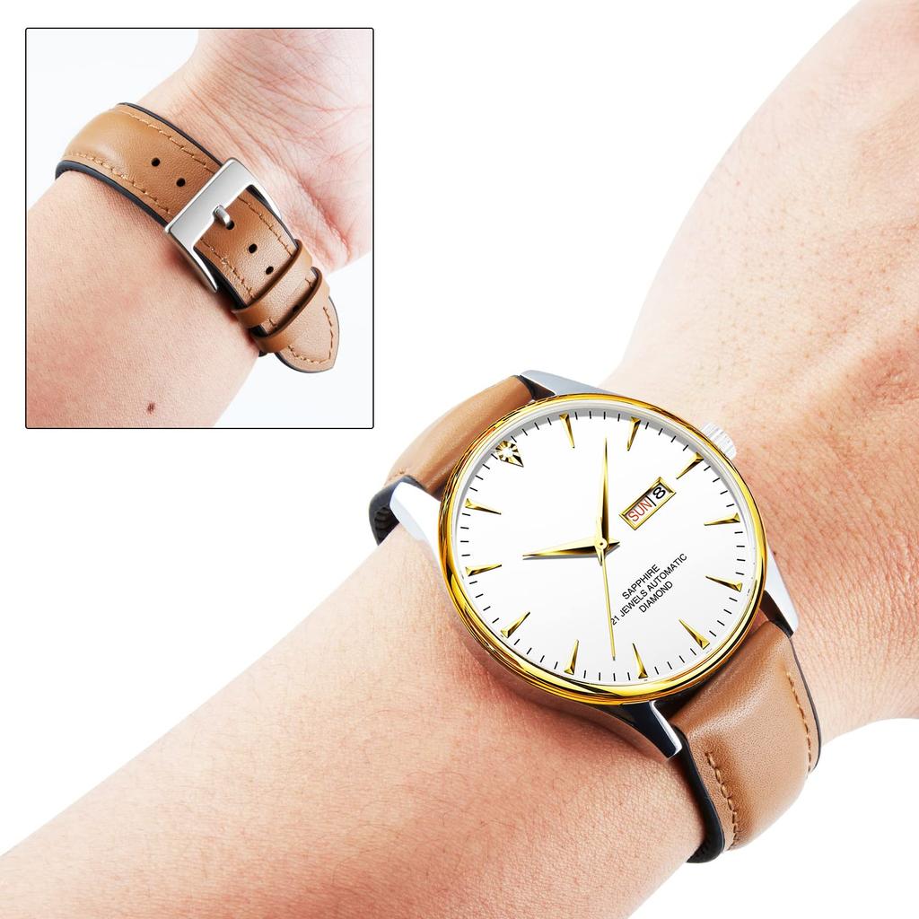 BINLUN Кожаный ремешок для часов с внутренней дышащей гибридной системой, быстросъемный, для часов, смарт-часов, унисекс, серебристый, резина, ремешок, ремешок, (Светло-коричневый, 22 мм, Пряжка)