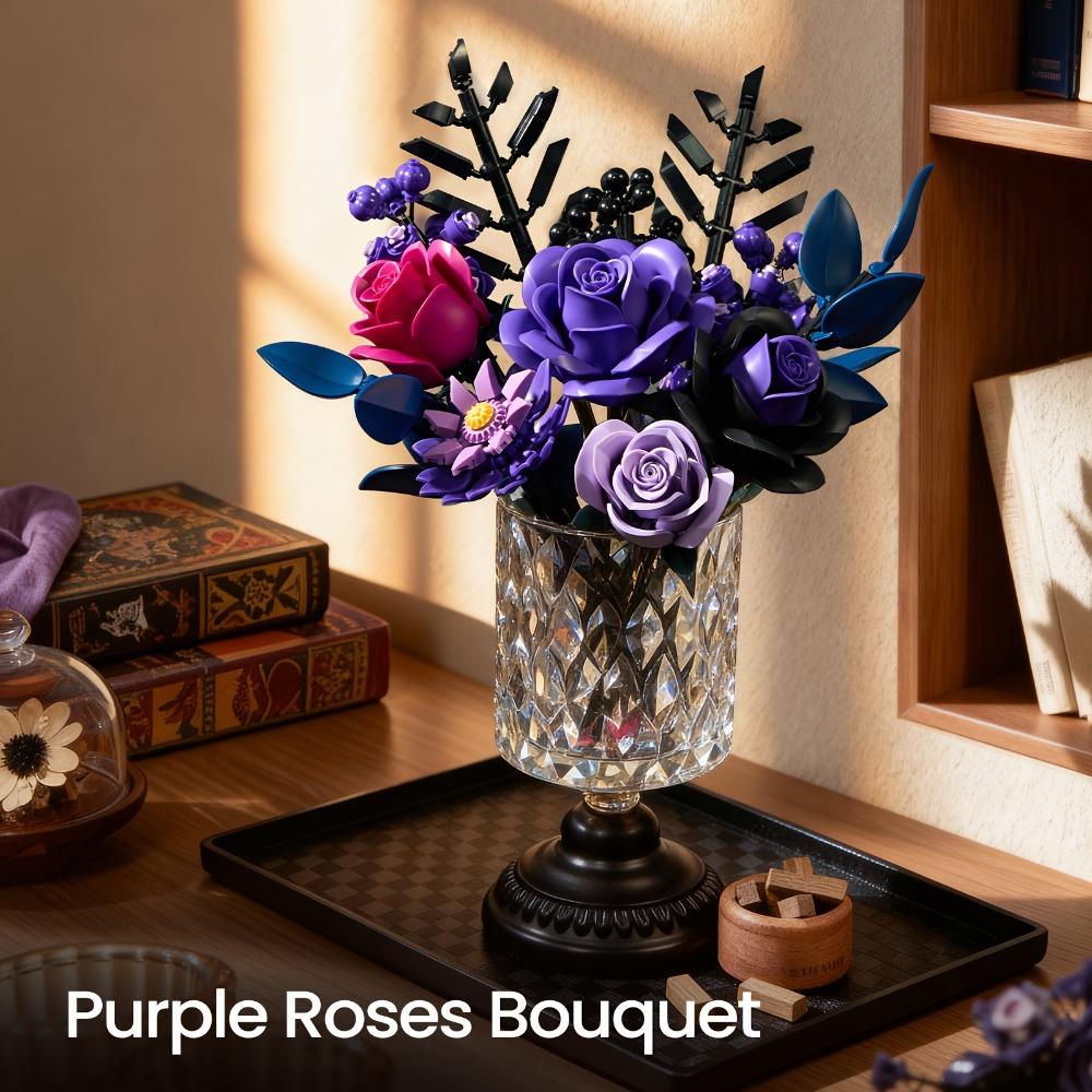 Purple rose building block toy, preserved bouquet, home decor, adult and women's gift building block toy