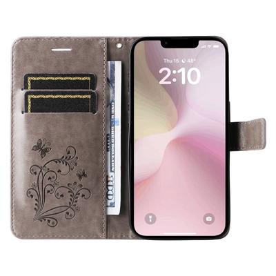 Для iPhone 16e Чехол-кошелек Кожаный чехол для телефона с подставкой с цветочным и бабочковым тиснением