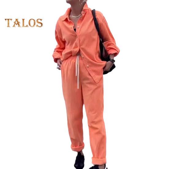 2 Pcs/Set Women Shirt Pants Set Turn-down Collar Single-breasted Long Sleeves Loose Top Drawstring Elastic Waist Wide Leg Trousers Sport Tracksuit