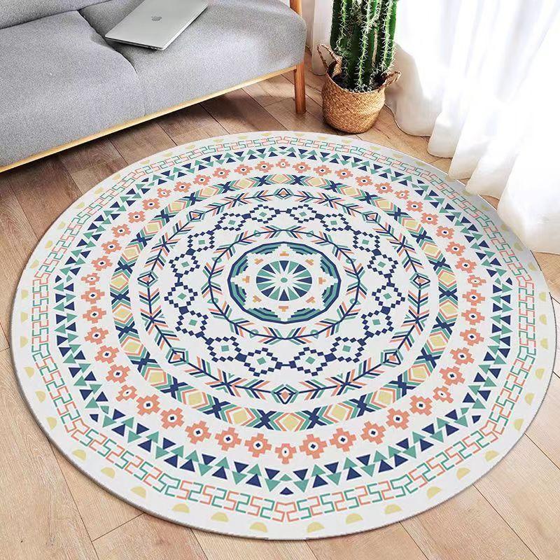 Retro Ethnic Style Round Carpet Mandala Pattern Print Floor Mat Home Decor Anti-slip Rug for Living Room Bedroom Teapot Etc