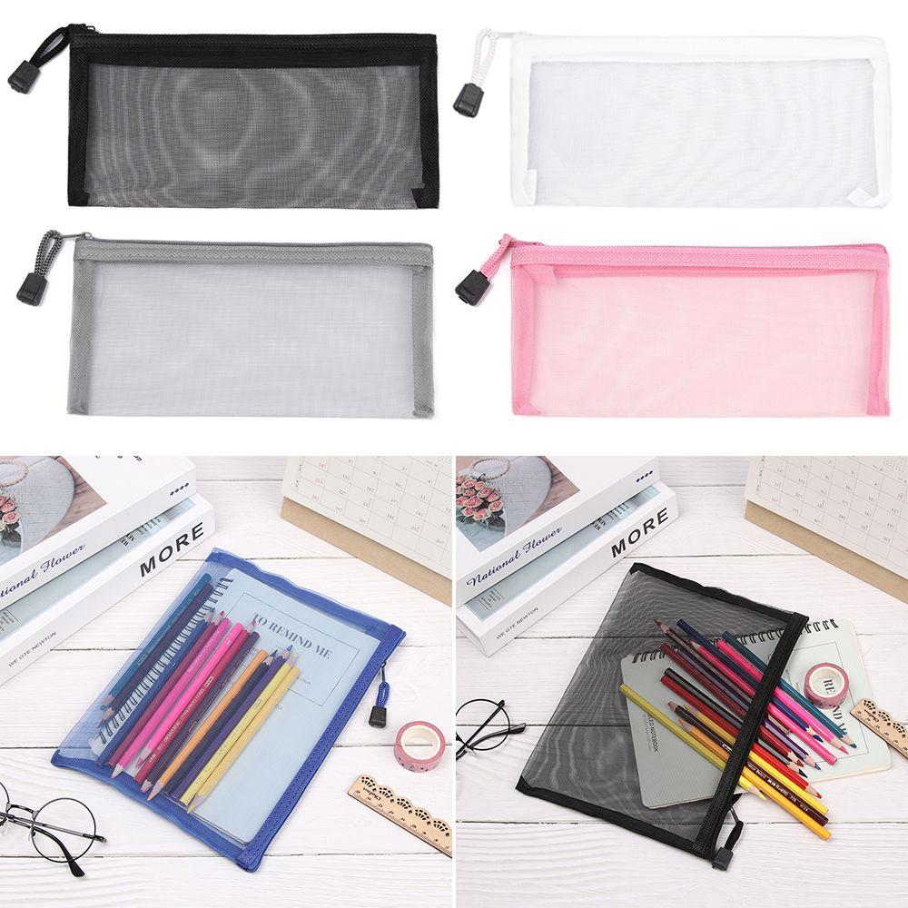 Handbags Cosmetic Stationery Zipper Pencil Case Mesh Pen Bag Transparent Grid Cosmetic Storage