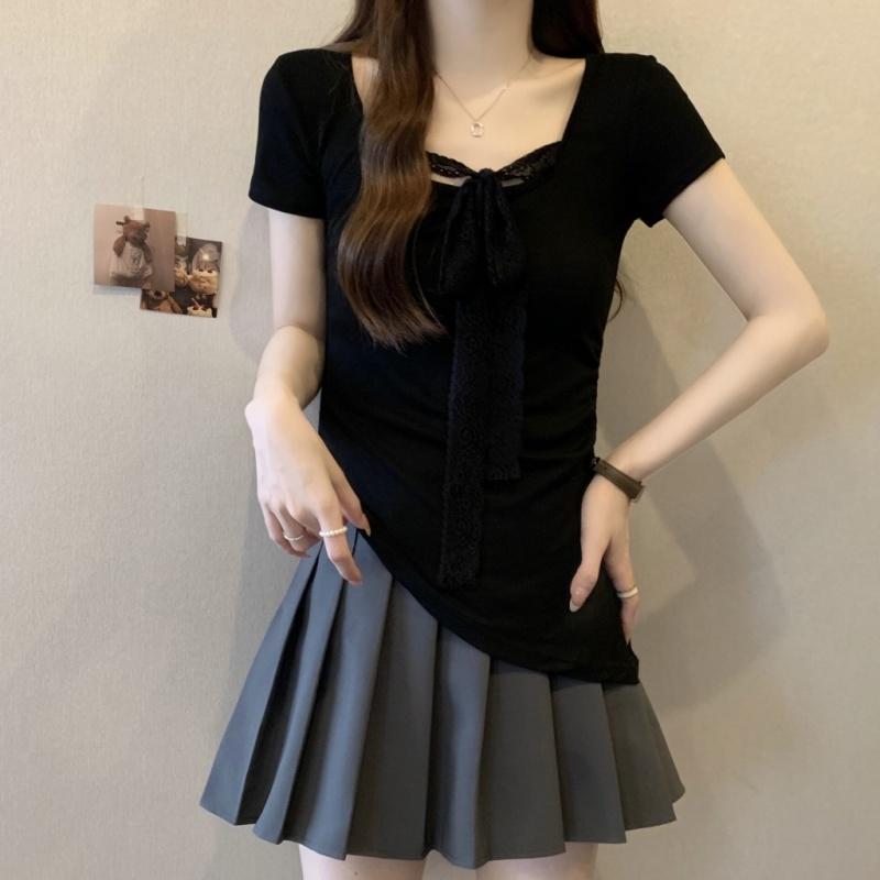 Летние женские однотонные пуловеры с коротким рукавом и круглым вырезом, корейские футболки с кружевом и лентами, топы y2k, женские приталенные футболки из чистого хлопка