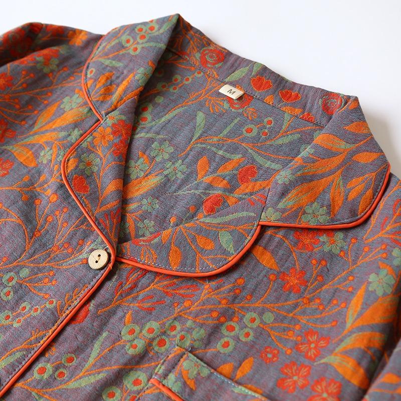 Весна Осень Дамы Женщины Пижамный Комплект Винтаж Листья Напечатаны Хлопок Отложной Воротник Длинные Рукава Брюки