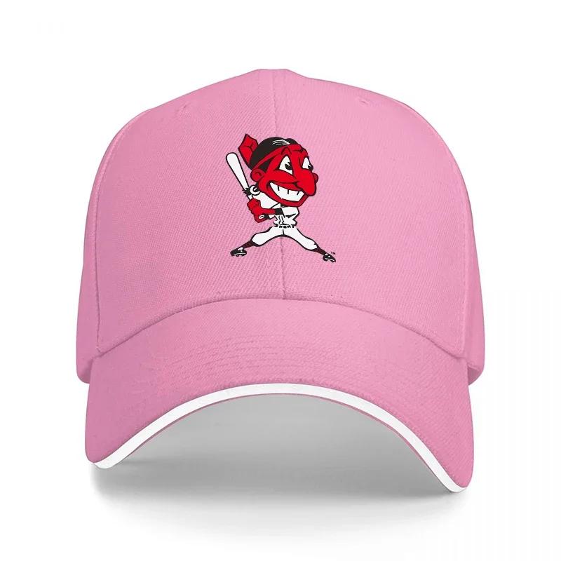 Red Devil Baseball Mascot Logo Black Adjustable Cap with White Trim and Embroidered Design for Sports Fans and Casual Wear