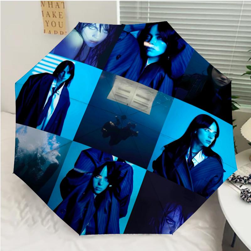 singer Billie Eilish3 Print Automatic Umbrella, 8 Rib Iron Frame, Plastic Handle, Suitable for Outdoor Travel &Daily , Ideal Gift