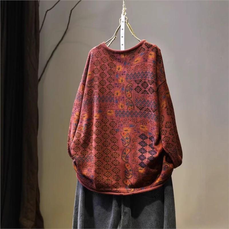Johnature Vintage Print Loose Casual O-Neck Sweater Woman Winter Niche Long Sleeves Retro Personality Sweaters