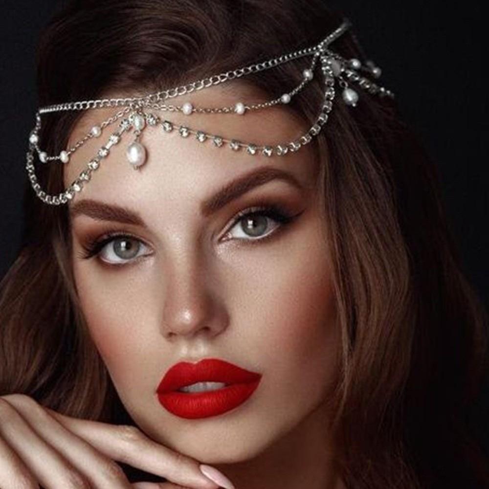 Full Rhinestone Head Chain Headpiece Pearls Tassel Crystal Meshes Headbands Hair Accessories